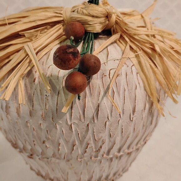 Heavy Southwestern Style Clay Vase W/Raffia Straw & Beaded Fruit - Picture 2 of 8